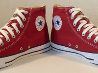 Chili Paste Red High Top Chucks  Angled front view of chili paste red high tops.